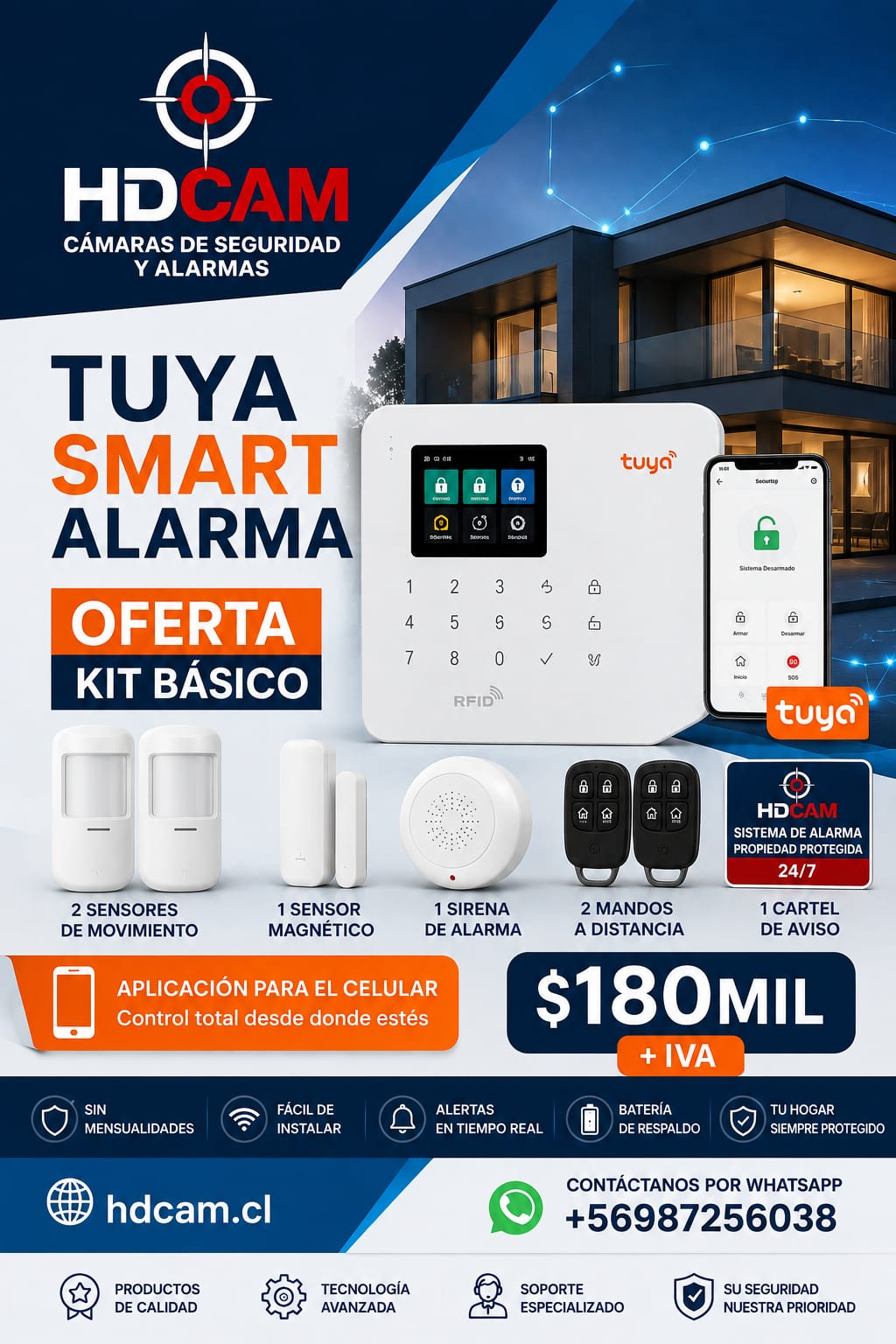 Kit de alarma inalámbrica Tuya Smart de HDCAM: sensores de movimiento, sensor magnético, sirena, mandos a distancia y cartel de aviso